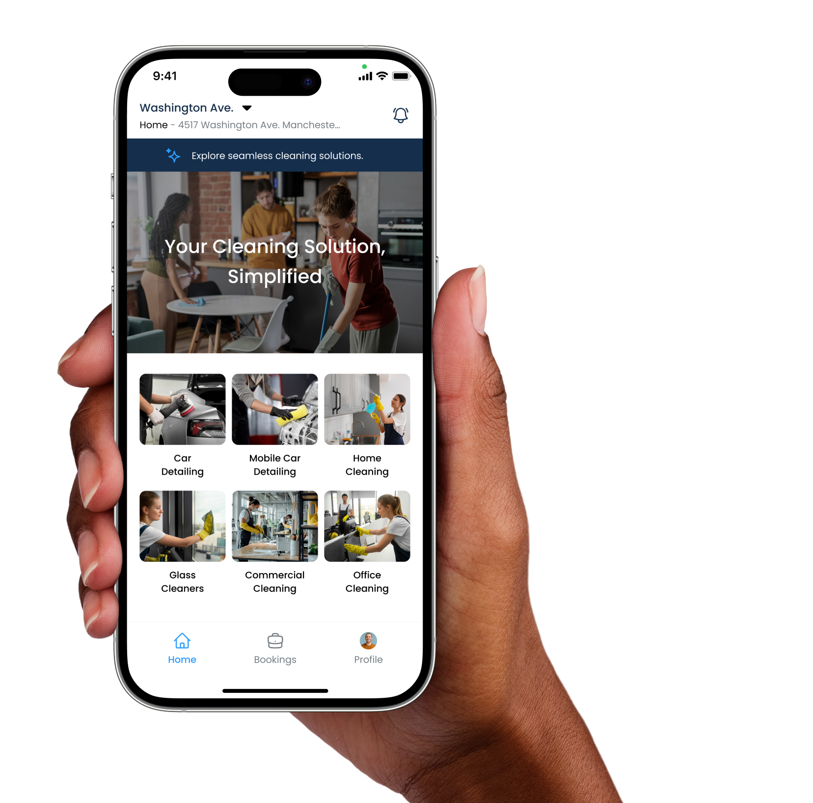 Kleano app showing home cleaning, car detailing and other cleaning services